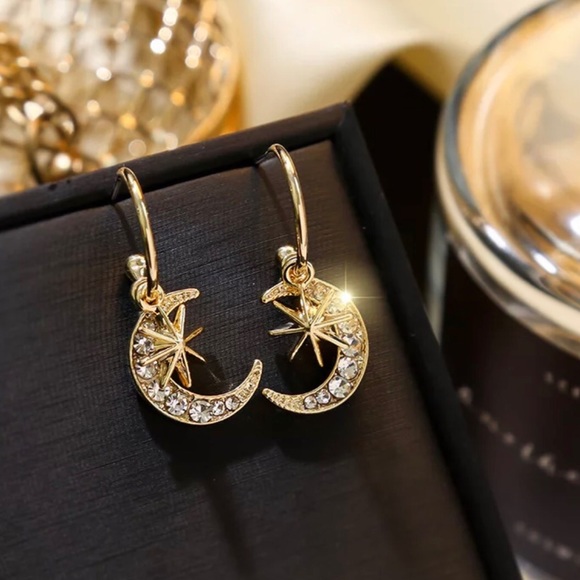 Gold Rhinestone Moon & Star Dangle Earrings - Picture 2 of 6